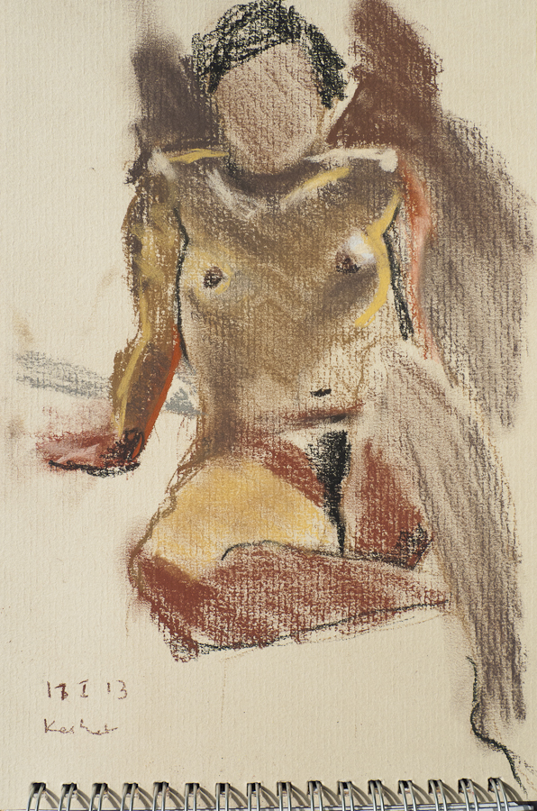Life Model Keshet Sitting,  by Ciaran Taylor,
                    Irish artist. Front view, nude.  Conté pencil