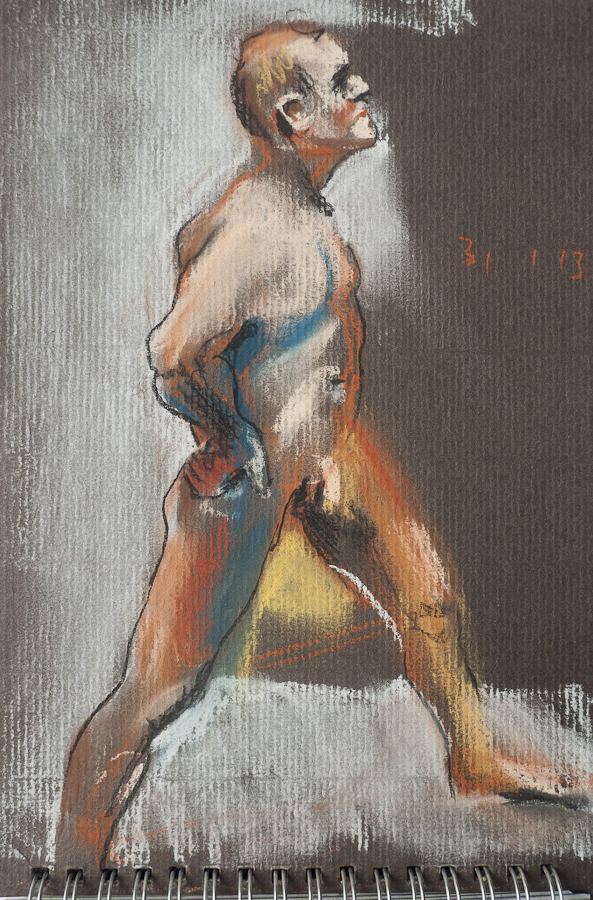Life Model Des Striding, by Ciaran Taylor,
                    Irish artist. Front view, nude. Conté pencil
