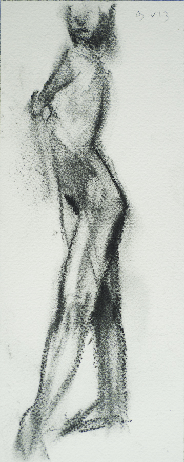 Life Model Fiona Standing, toe pointed, 
                    by Ciaran Taylor, Irish artist. 
                    Side view, nude. Charcoal