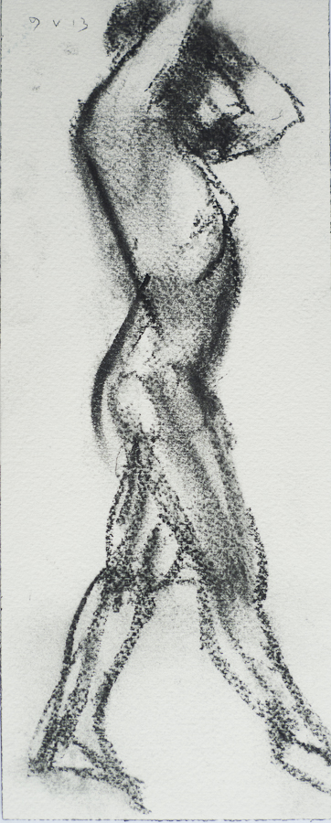 Life Model Fiona Standing, , Hands on Head, 
                    by Ciaran Taylor, Irish artist. 
                    Side view, nude. Charcoal