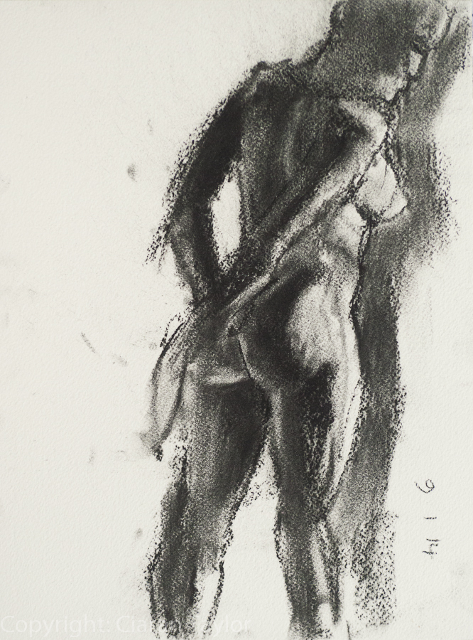 Life model Alicja, back view, nude, standing,
	    by Ciaran Taylor, Irish artist. Pastel