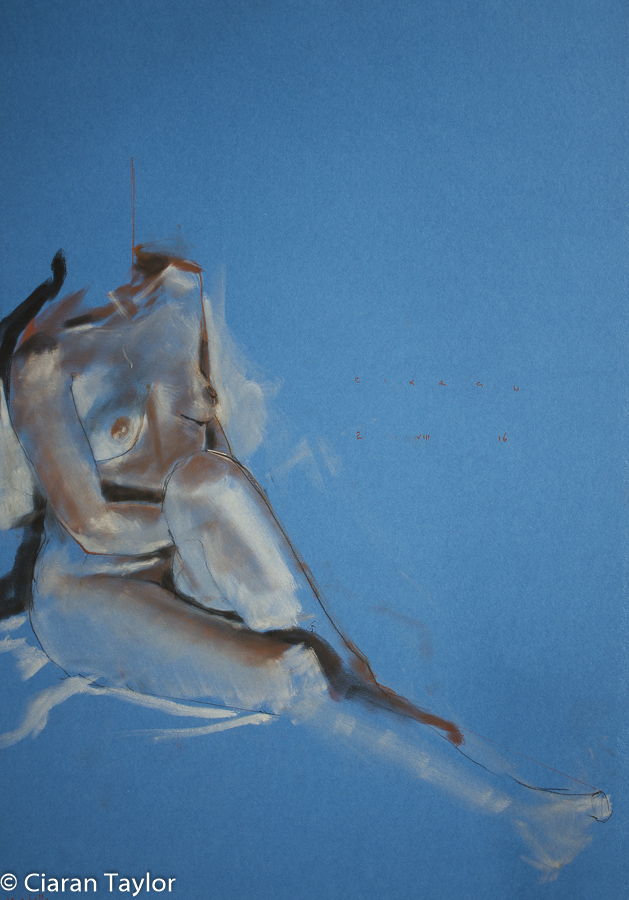 Life model Marianna Sitting, pregnant, by
                    Ciaran Taylor, Irish artist. Front view, nude. Pastel