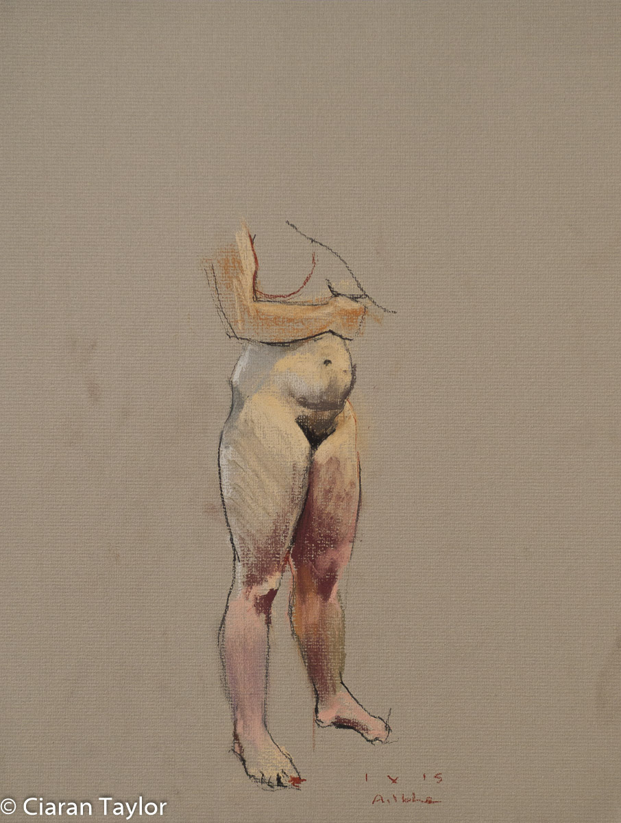 Life model Ailbhe, three-quarter view, nude, standing,
	    by Ciaran Taylor, Irish artist. Pastel