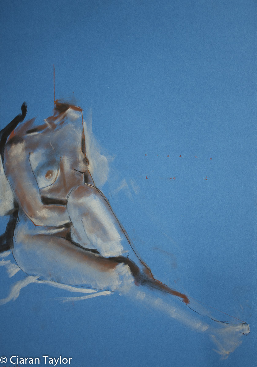 Life model Marianna Sitting, pregnant, by
                    Ciaran Taylor, Irish artist. Front view, nude. Pastel